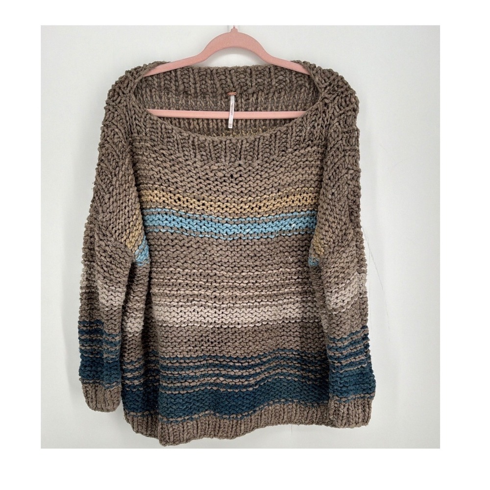 Free People Chunky Knit Cotton Striped Oversized Sweater Brown Blue XS/S EUC